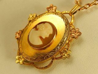 Antique 12k Rose Yellow Gf Cameo Pendant Necklace Art Deco Carved Shell 16 "