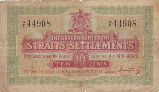10 Cents Vg Banknote From British Straits Settlements 1919 Pick - 8 Rare