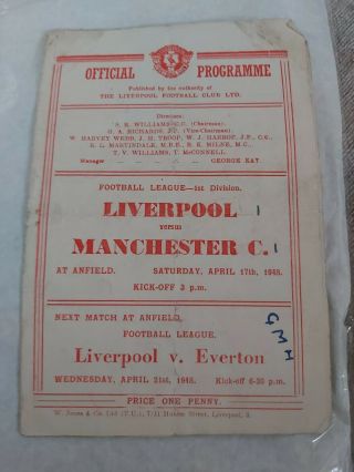 Liverpool Fc V Manchester City April 17th 1948 Div 1 And Very Rare