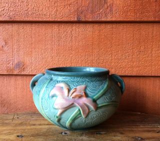 Antique Roseville Art Pottery Zephyr Lily Evergreen Jardiniere 671 - 4