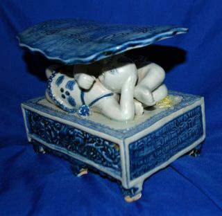 Rare Antique Chinese Blue And White Porcelain Pillow Withtwo Reclining Boys