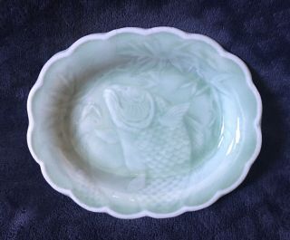 19th Century Antique Japanese Celadon Glazed Raised Fish Relief Porcelain Dish