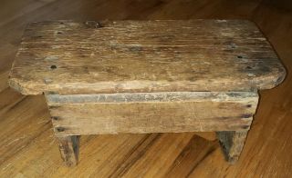 Antique Early To Mid 1800s Primitive Wood Cricket Bench Footstool Square Nails