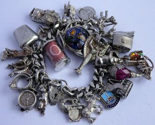 Rare Vintage Solid Silver Charm Bracelet & 2 Charms,  Open,  Move,  World Cup.  118.  7g