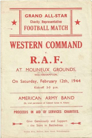 Football Programme Rare War - Time Military Charity Match 1944 At Wolverhampton