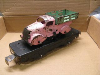 Rare PINK & GREEN Marx Stake Bed TRUCK with train flatcar.  QUANTITY DISCOUNT 2