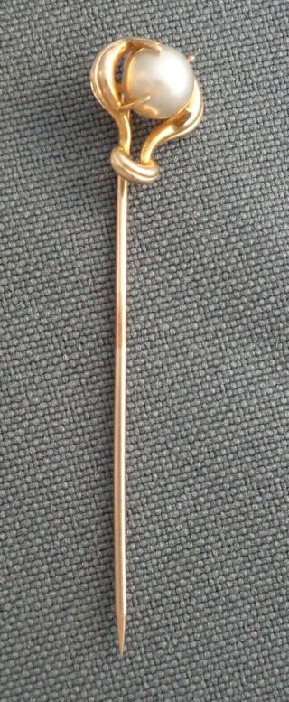 Antique Vintage Stick Pin 10k Yellow Gold With 5 Mm White Pearl