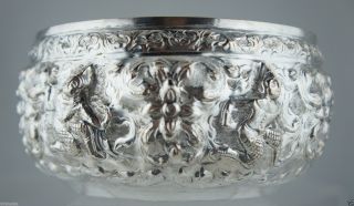 Antique Asian Silver Burmese Bowl Hand Chased Dancers & Flowers Burma