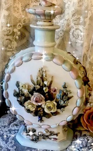 Antique French Porcelain Perfume Decanter Bottle Raised Floral Detail Stopper 8 "