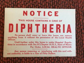 Vintage Diphtheria Quarantine Sign Board Of Health Antique State Maine