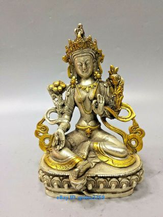 Rare Chinese Tibetan Silver Hand - Carved Gilt Buddha Tara Statue