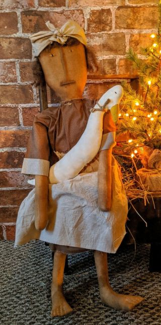 Large 36 " Primitive Folk Art Handmade Fabric Rag Cloth Farm Doll With Goose