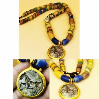 Old Unique Mosaic Glass Beads Necklace With Intaglio Stone Pendant 77
