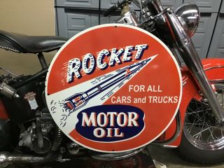 Vintage Rare Porcelain 24” Rocket Motor Oil Sign Ford Harley Chevy Dodge Gas