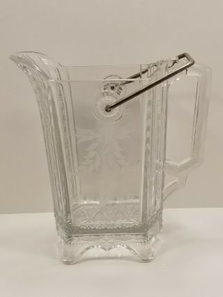 Rare Belmont Usa Eapg Water Pitcher With Metal Bail Handle Etched Glass