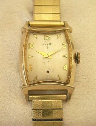Look Elgin Antique Mens Wrist Watch 17j Adj Gold Filled Tonneau Art Deco Dial