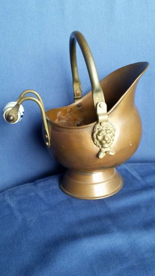 Vintage Dutch Copper Ash Bucket/coal Scuttle,  Brass Lions,  Porcelain Handle