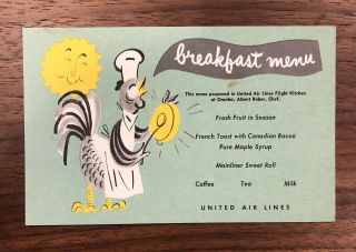Rare Vintage Aviation Postcard - United Airlines Breakfast Menu - Chicken