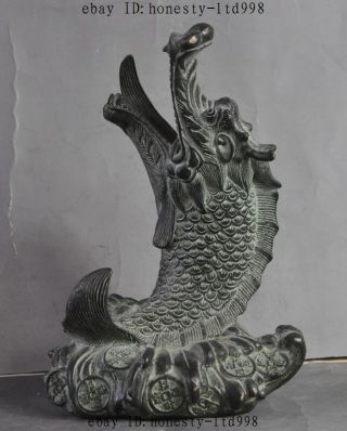 7 " Chinese Fengshui Bronze Decoration Wealth Money Coin Dragon Fish Lucky Statue