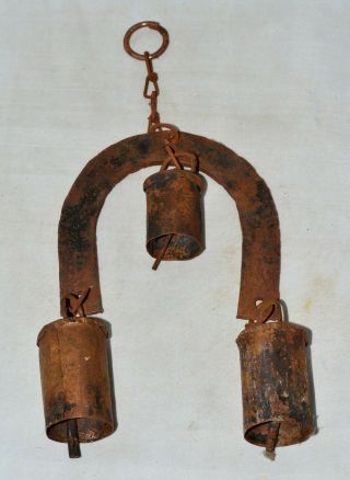 Antique Folk Art Equestrian Wind Chime Horseshoe With 3 Bells