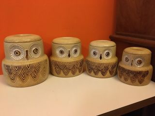 Mid Century Vintage 70’s Pottery Craft Compton Ca Owl Four Canister Set
