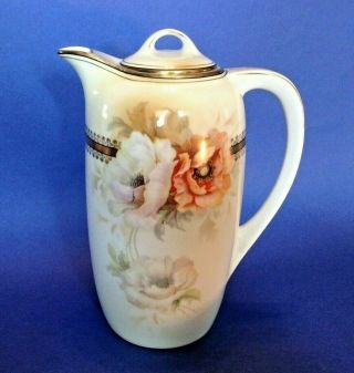 Handpainted Germany Teapot Chocolate Pot - Orange & White Poppies - Gold Accents