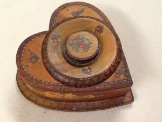 Vintage Wood Jewelry Box Hand Crafted Primitive Art Heart Antique Old