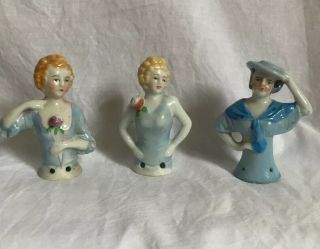 3 Vintage Japan 3 1/2 " Porcelain Half - Doll Pincushion Tops