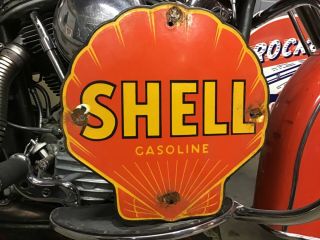 Rare Vintage Porcelain Die Cut Shell Gasoline Pump Plate Ford Chevy Harley