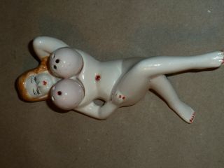 Vintage Ceramic Naked Woman Body Tray Salt & Pepper Boob Shakers Faux Red Stone