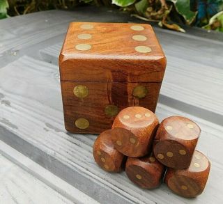 Vintage Wooden & Brass Dice Box Holder & 5 Dice Poker Playing Cards