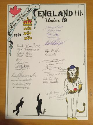 1991 Rare Signed By 14 England U19 To Canada Illustrated Art Work Team Sheet
