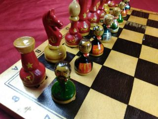 Rare Vintage 1950 ' s Russian Hand - painted Wooden Chess Set Cold War Russia Vs USA 2