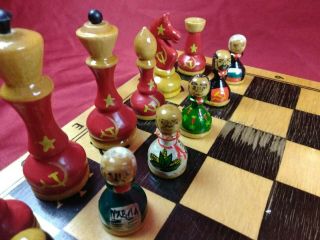 Rare Vintage 1950 ' s Russian Hand - painted Wooden Chess Set Cold War Russia Vs USA 3