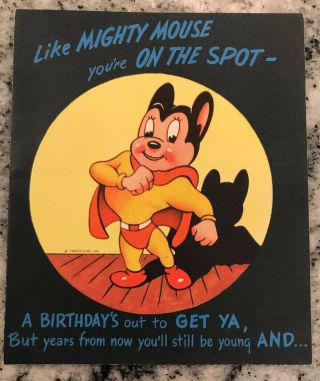 Rare 1940s Circa Terrytoons Inc Mighty Mouse Birthday Card Tv Comic.  Rust Craft