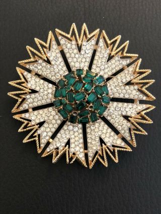 Vintage Rare Crown Trifari Phillipe Large Rhinestone Faux Emerald Pin Brooch
