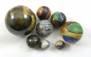 Eight Antique German Handmade Fancy Bennington Glazed & Unglazed Marbles
