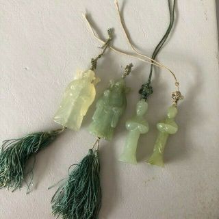 Set Of (4) Antique /vintage Chinese Jade /jadeite Figures With Silk Tassles