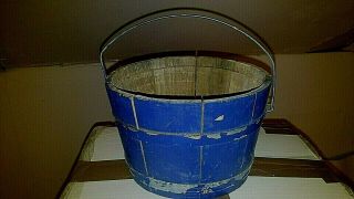 Primitive Antique Wooden Bucket Blue Paint