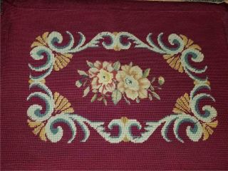 Antique 23x17 Completed Needlepoint & Petit Point Scroll & Flower Maroon Gold