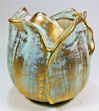 Vintage Stangl Pottery Antique Gold Tulip Flower Planter Vase Pot 5145 Turquoise