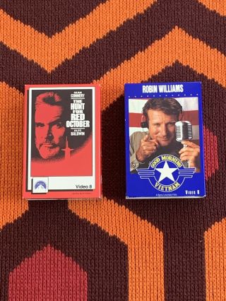 Video 8 Movies Good Morning Vietnam/ The Hunt For Red October.  Rare 8mm Tiny Vhs