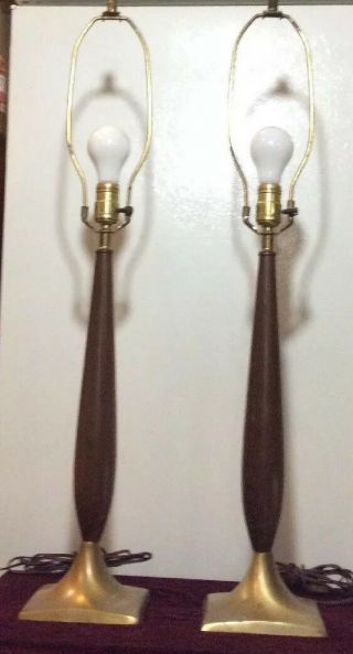 Rare Vintage Mid Century Modern Wood Brass Lamps 1960s Without Shade