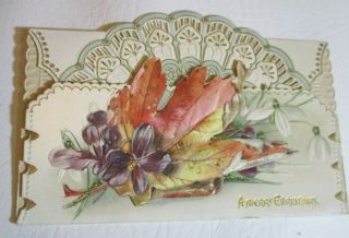 Rare Antique Fancy Fold Over A Merry Christmas Card Die Cut Glitter Leaf Bouquet