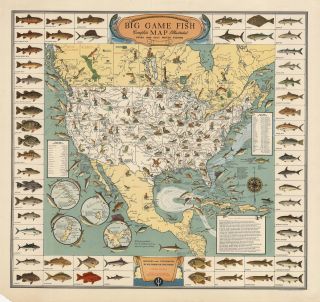 Early Big Game Fish Map Pictorial Border Fishing Fishermen Gifts Wall Art Poster