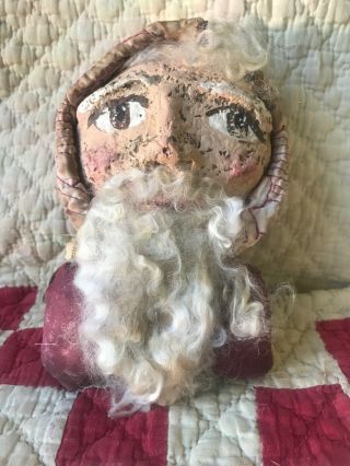 Primitive Folk Art Paper Mache Christmas Santa Early Cupboard Doll Old Red Quilt