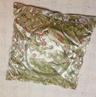 Vintage Asian Chinese Dragon Silky Silk Embroidered Bird Zipper Pillow RARE 2