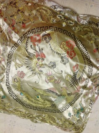 Vintage Asian Chinese Dragon Silky Silk Embroidered Bird Zipper Pillow RARE 3