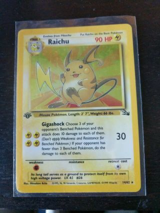 Rare 1999 English Pokemon Card 1st Edition Holo Fossil Raichu 14/62