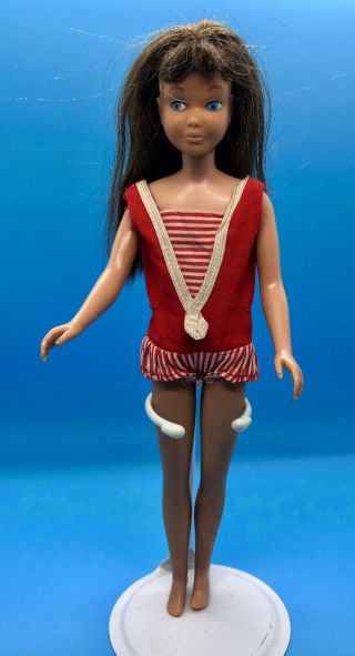 Vintage Skipper Barbie Doll Brunette Hair Bangs,  Straight Leg Blue Eyes 1963